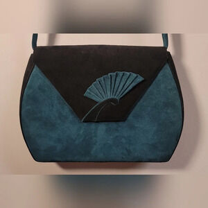 Vintage Bally teal and black suede crossbody flap handbag